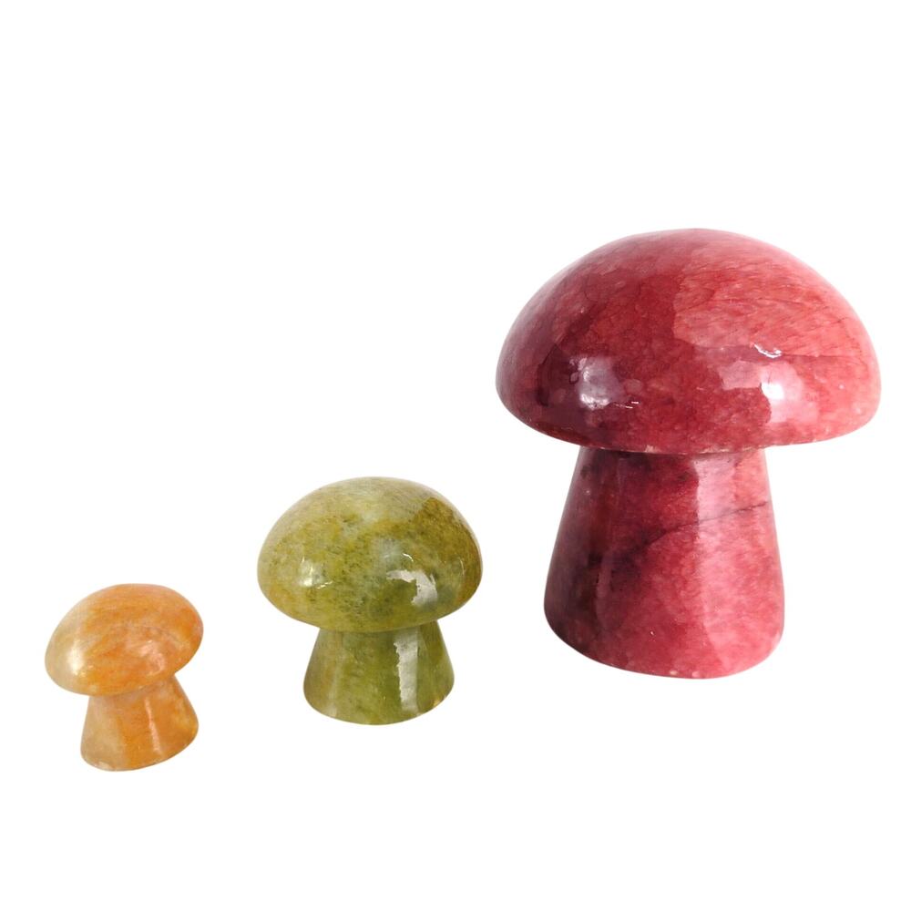 Set of 3 Polished Marble Mexican Onyx‎ Stone Mushroom Figurines, Made in Mexico